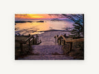 Sunset Stair Descent, beach stairs sunset lake photograph, landscape canvas wall art print, front view
