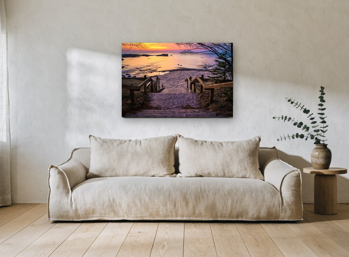 Sunset Stair Descent landscape canvas print on the wall of a living room
