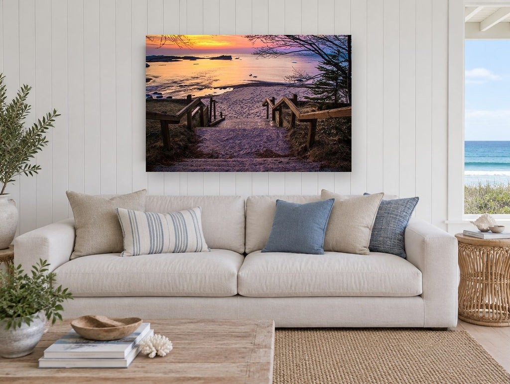 Sunset Stair Descent landscape canvas print on the wall of a beach house living room