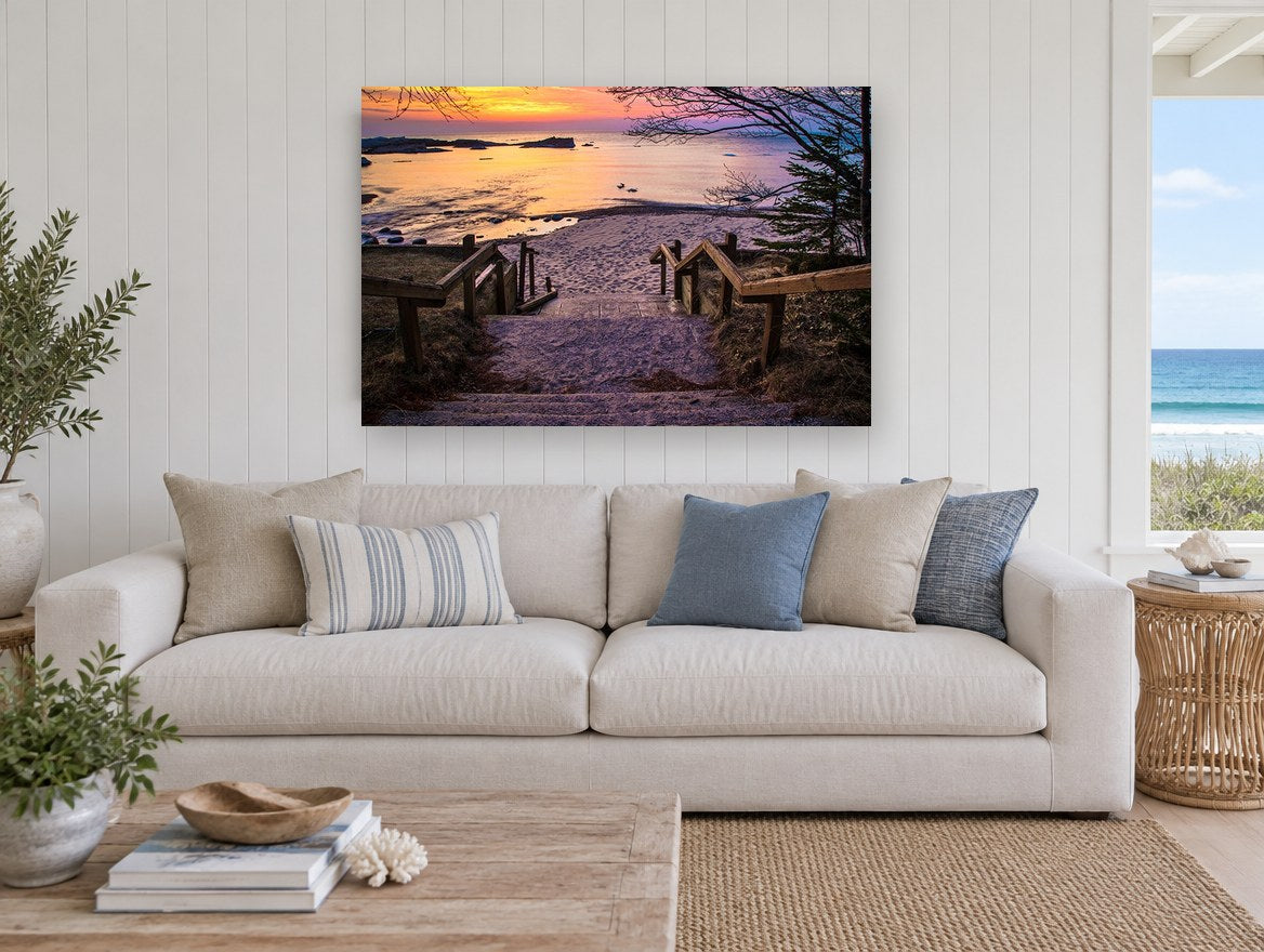 Sunset Stair Descent landscape canvas print on the wall of a beach house living room