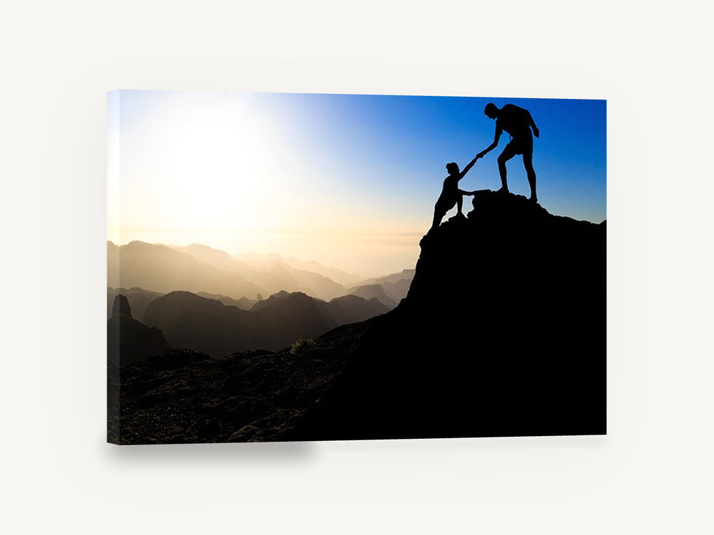 Helping Hand Summit, hiker silhouette helping hand mountain photograph, landscape canvas wall art print ready to hang