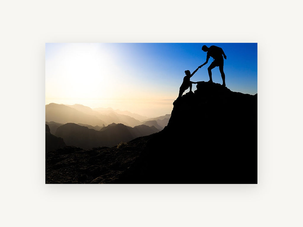 Helping Hand Summit, hiker silhouette helping hand mountain photograph, landscape canvas wall art print, front view