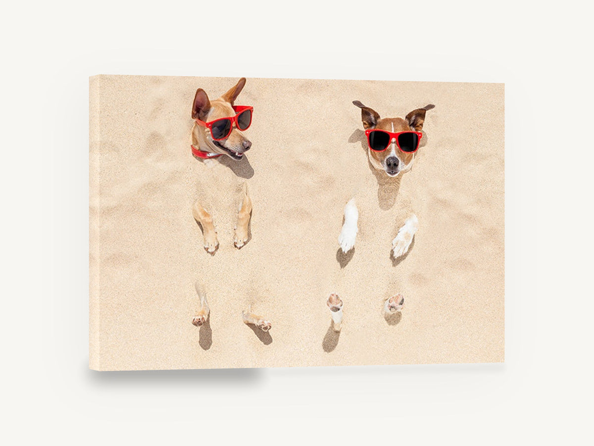 Sandy Beach Buddies, dogs buried in sand photograph, animal canvas wall art print ready to hang