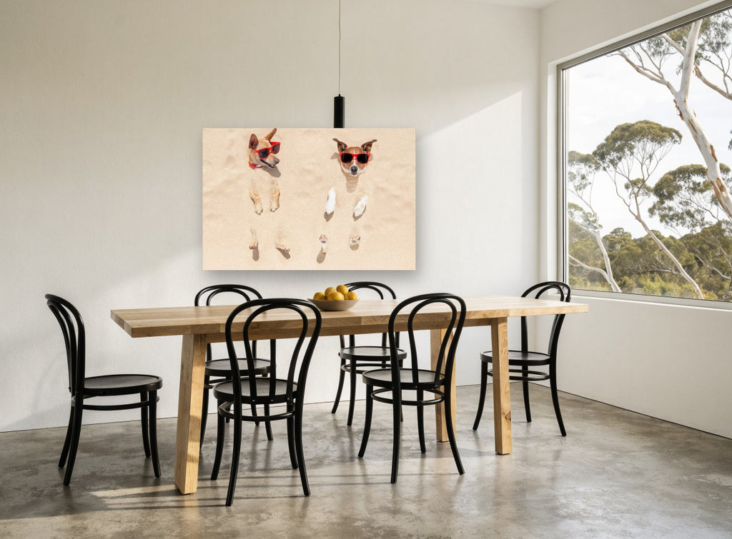 Sandy Beach Buddies animal canvas print on the wall of a dining room