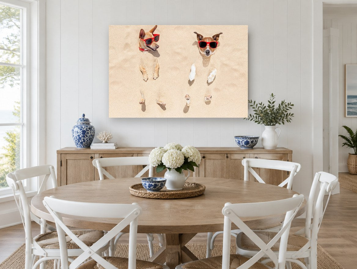 Sandy Beach Buddies animal canvas print on the wall of a Hamptons dining room