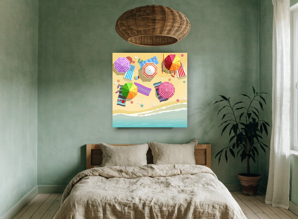 Striped Umbrella Shoreline coastal canvas print on the wall of a bedroom