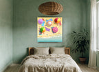 Striped Umbrella Shoreline coastal canvas print on the wall of a bedroom