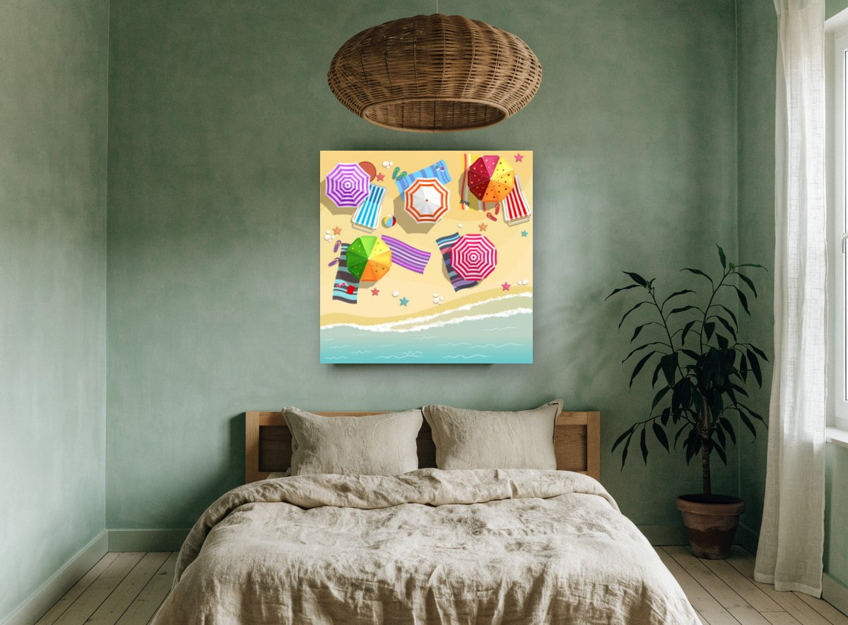 Striped Umbrella Shoreline coastal canvas print on the wall of a bedroom