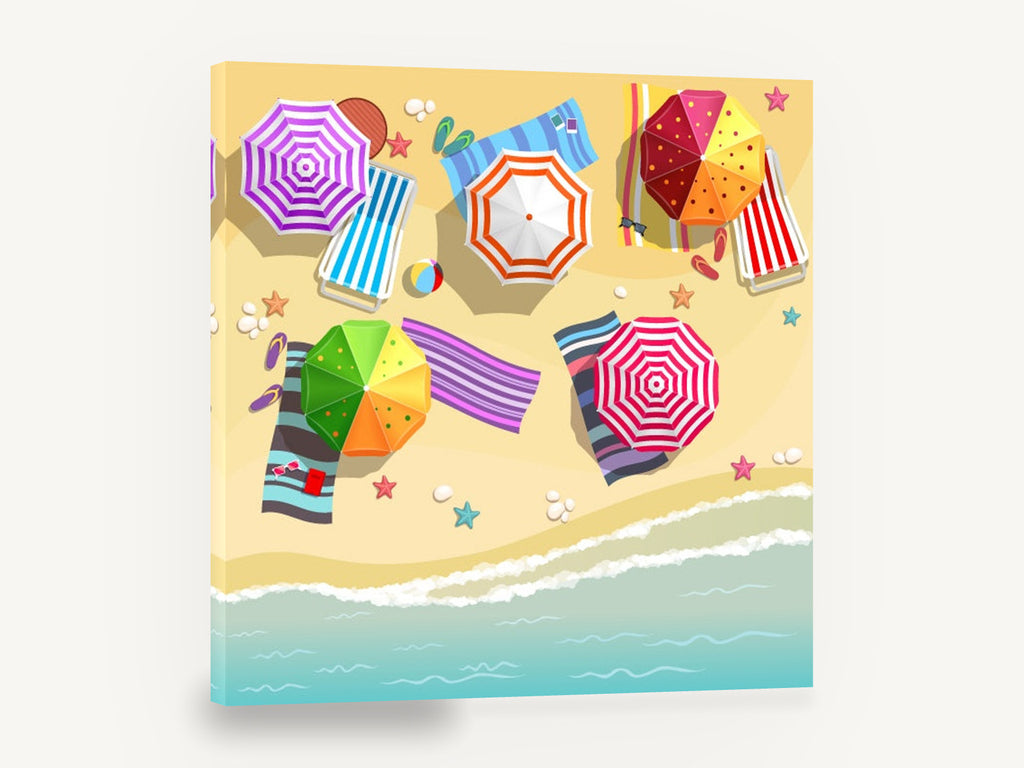 Striped Umbrella Shoreline, aerial beach umbrellas flat illustration, coastal canvas wall art print ready to hang