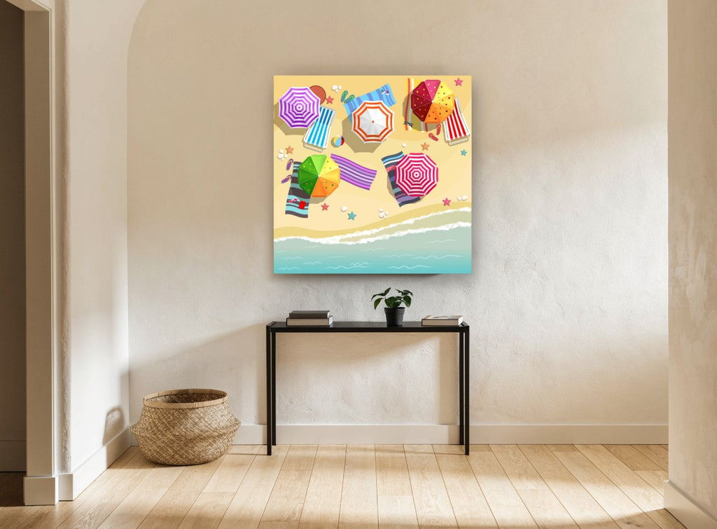 Striped Umbrella Shoreline coastal canvas print on the wall of a hallway