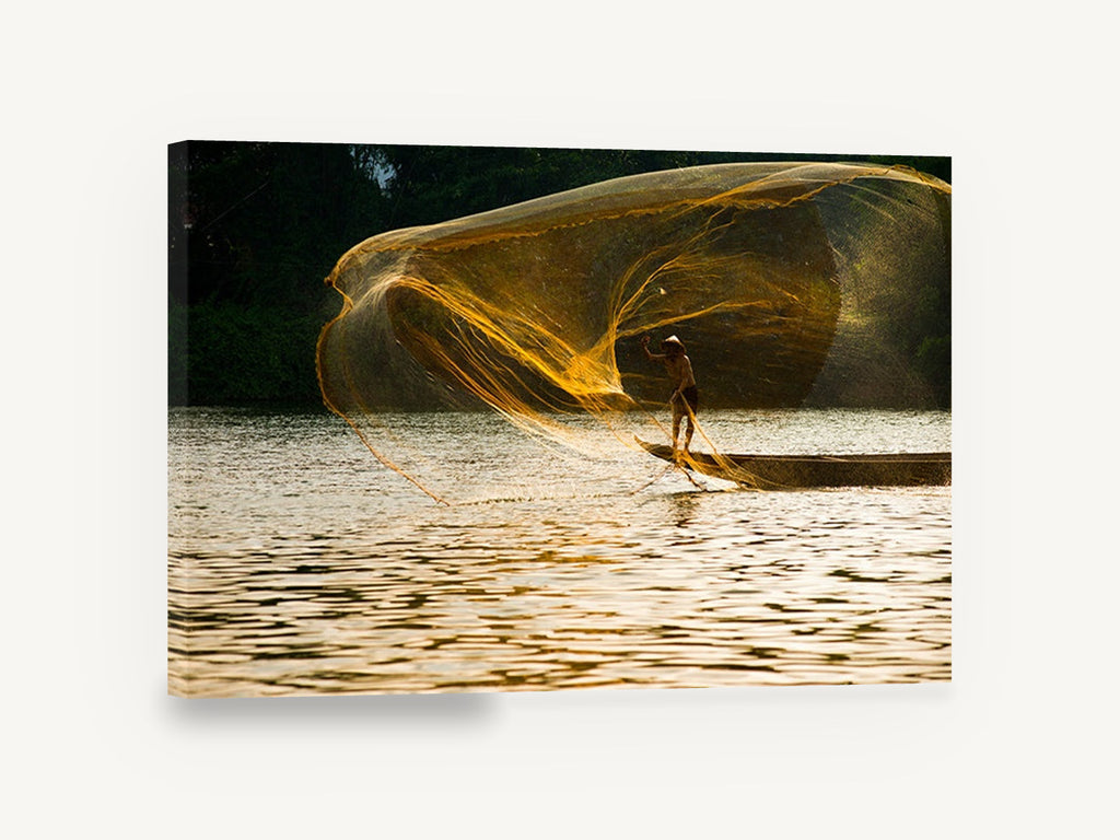 Golden Net Cast, fisherman casting net river photograph, landscape canvas wall art print ready to hang