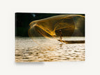 Golden Net Cast, fisherman casting net river photograph, landscape canvas wall art print ready to hang
