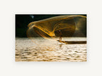 Golden Net Cast, fisherman casting net river photograph, landscape canvas wall art print, front view