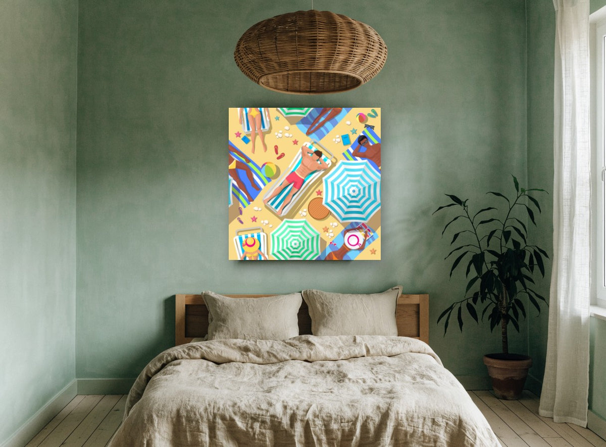 Sunbathers From Above coastal canvas print on the wall of a bedroom