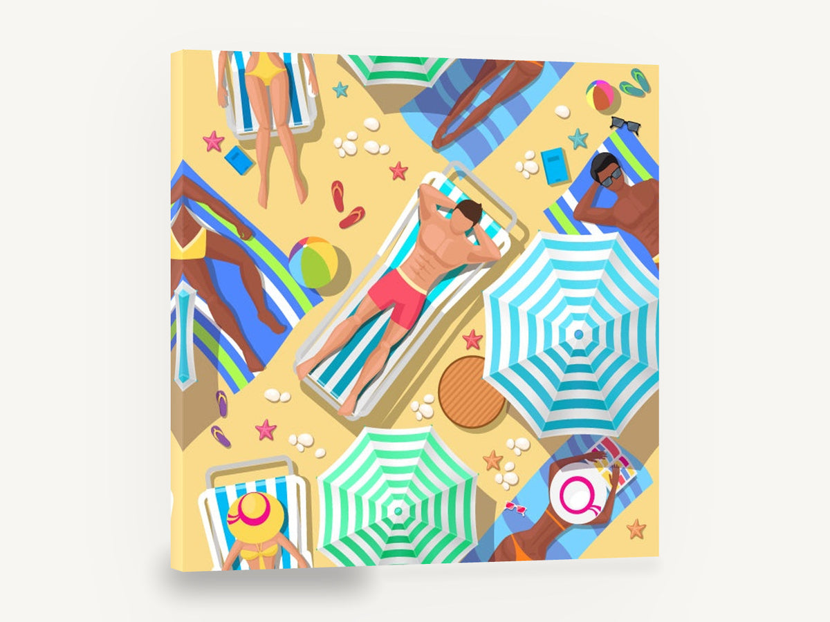 Sunbathers From Above, beach sunbathers aerial illustration, coastal canvas wall art print ready to hang