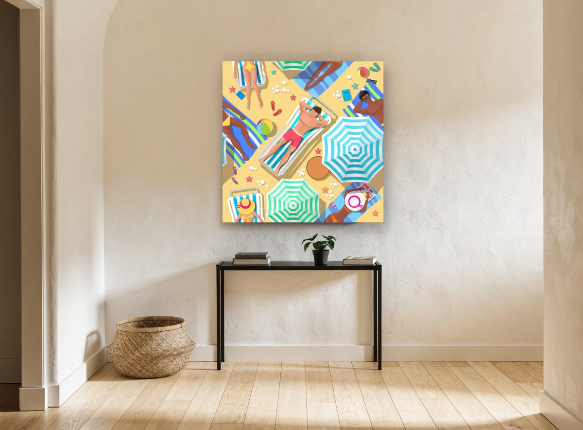 Sunbathers From Above coastal canvas print on the wall of a hallway