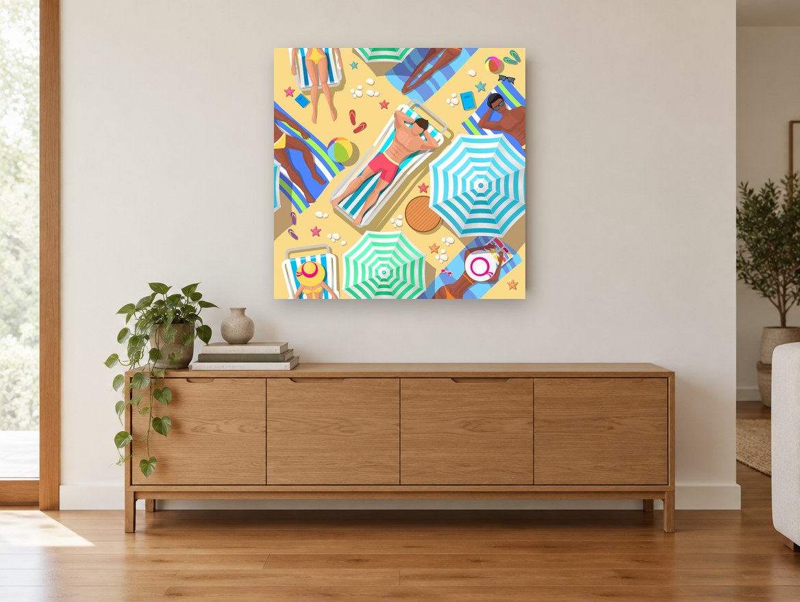 Sunbathers From Above coastal canvas print on the wall of a living room above a sideboard