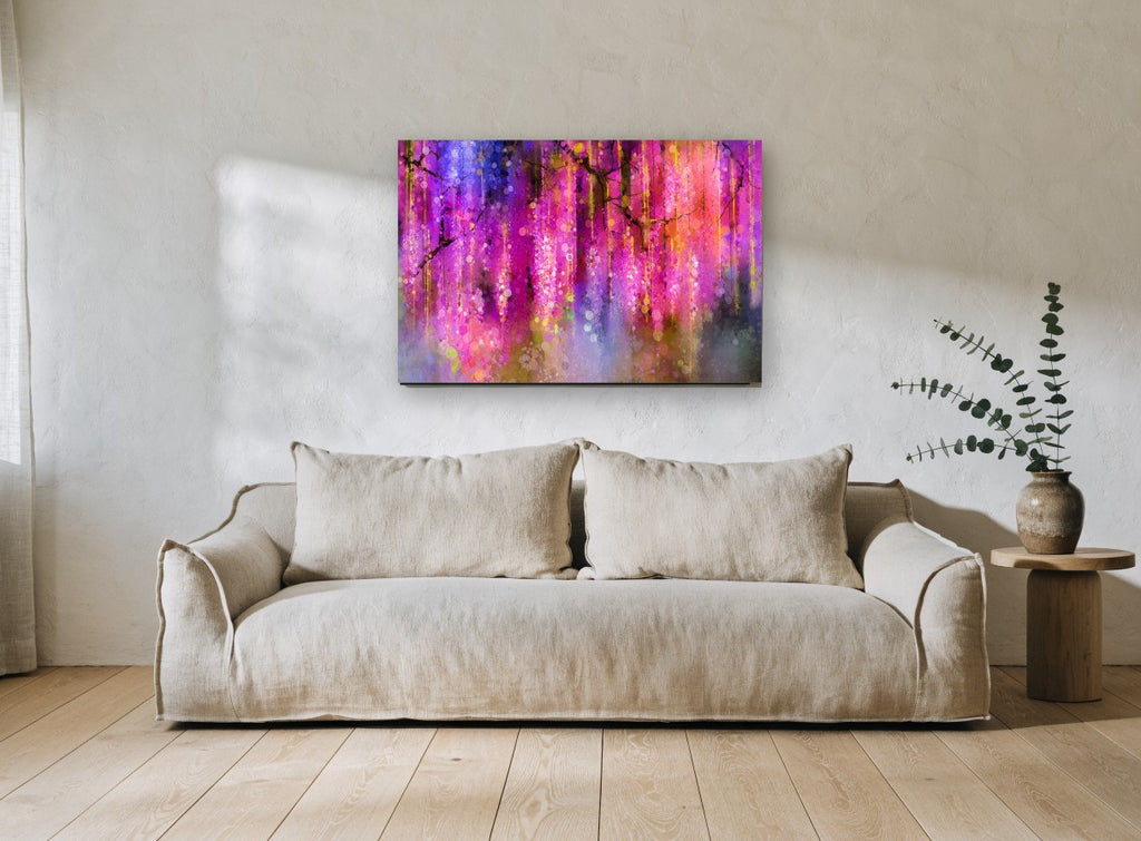 Wisteria Bokeh Cascade floral canvas print on the wall of a living room