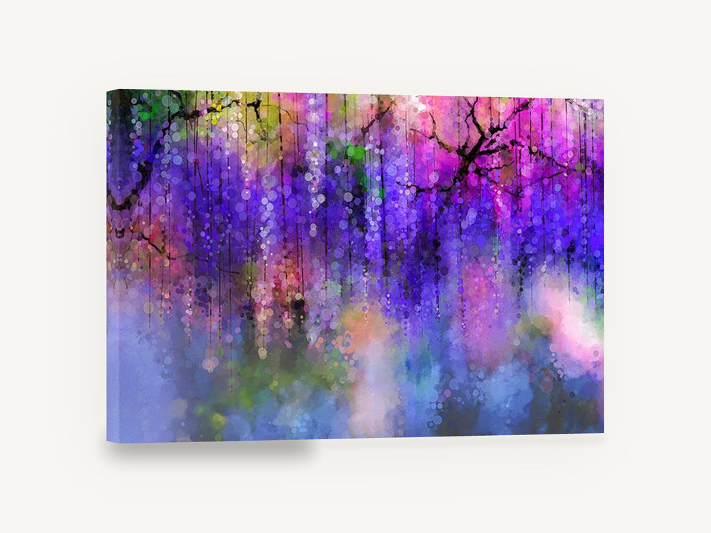 Wisteria Bokeh Cascade, purple wisteria abstract floral watercolour, floral canvas wall art print ready to hang