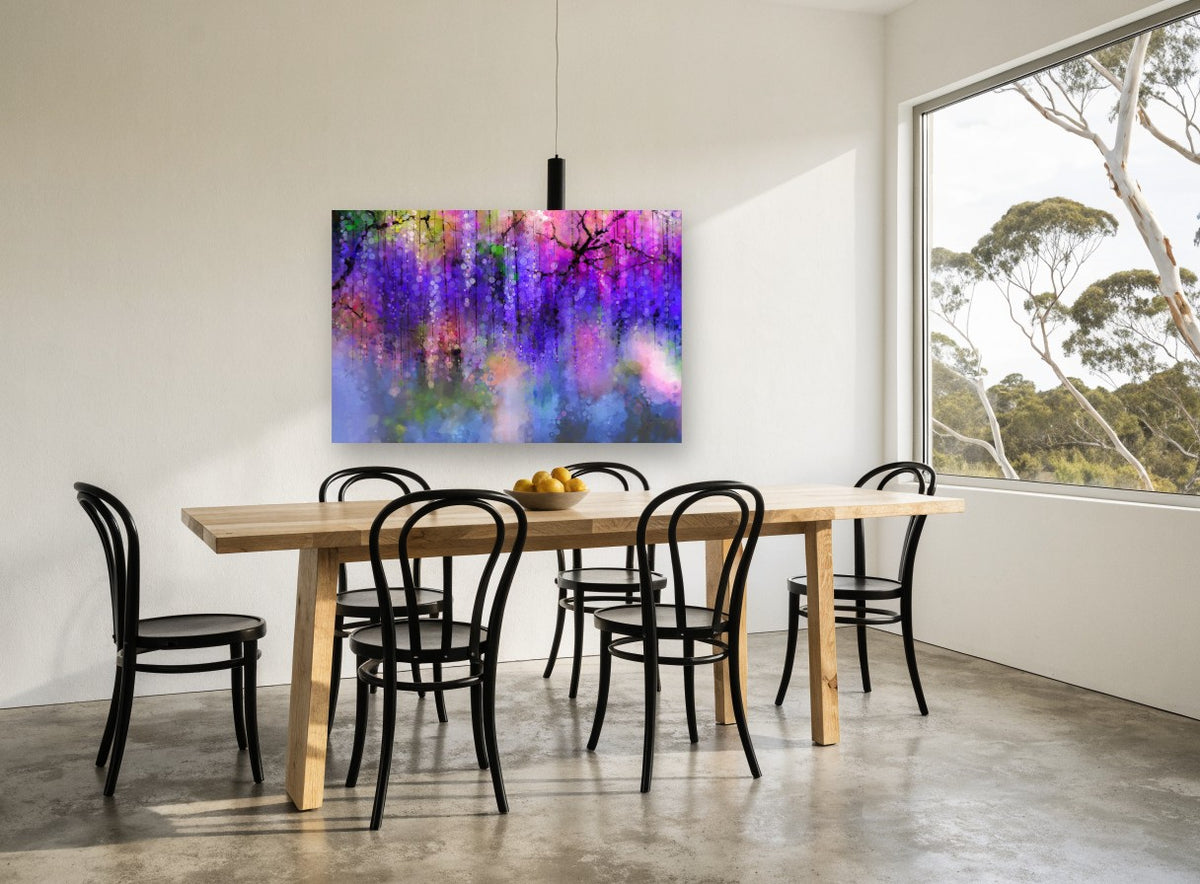 Wisteria Bokeh Cascade floral canvas print on the wall of a dining room