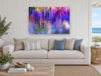 Wisteria Bokeh Cascade floral canvas print on the wall of a beach house living room