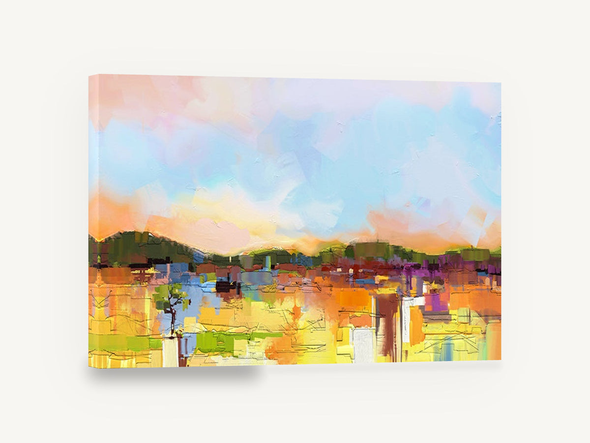 Sunlit Patchwork Hills, colourful abstract hills landscape artwork, landscape canvas wall art print ready to hang