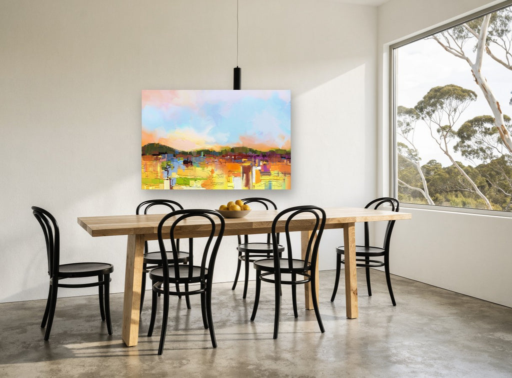Sunlit Patchwork Hills landscape canvas print on the wall of a dining room