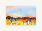 Sunlit Patchwork Hills, colourful abstract hills landscape artwork, landscape canvas wall art print, front view