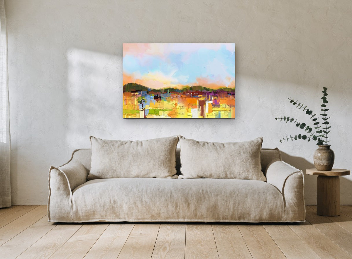 Sunlit Patchwork Hills landscape canvas print on the wall of a living room