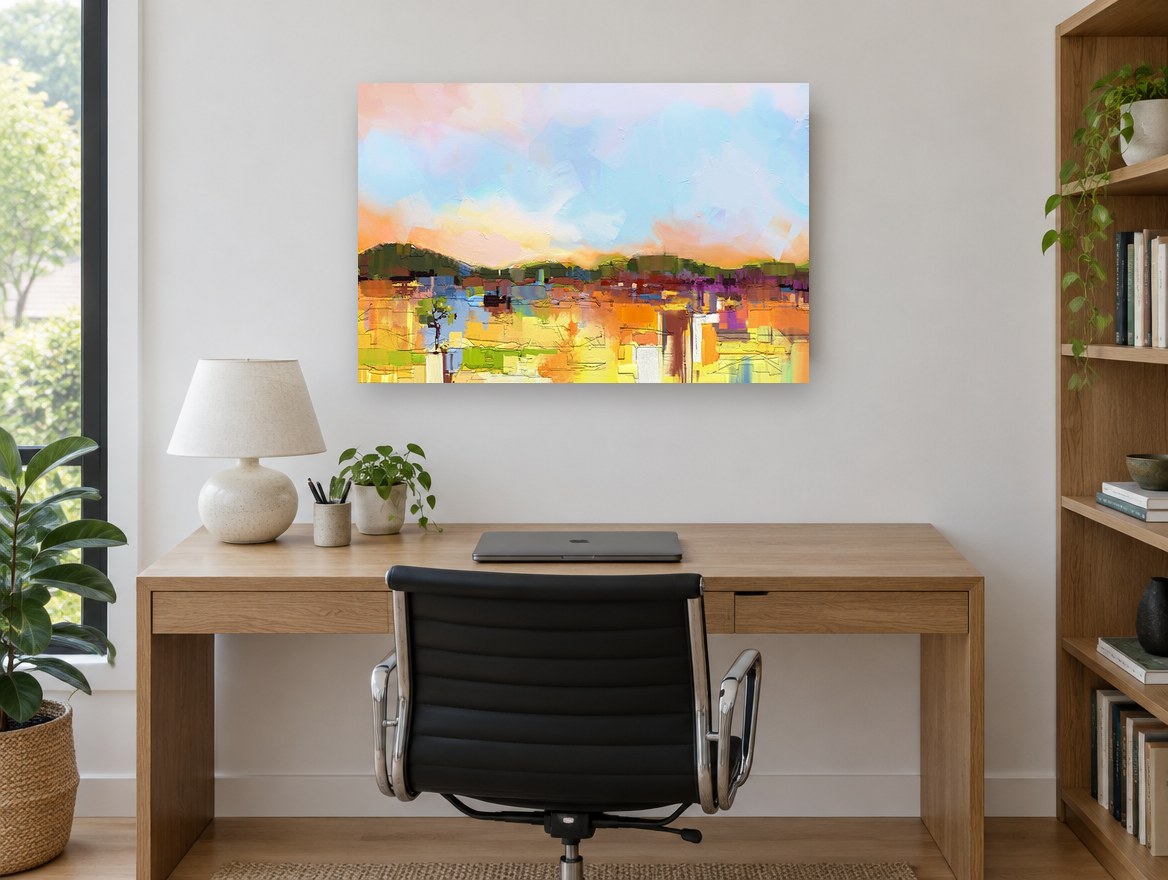 Sunlit Patchwork Hills landscape canvas print on the wall of a study