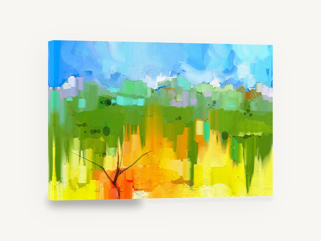 Orange Tree Meadow, colourful abstract meadow landscape art, landscape canvas wall art print ready to hang