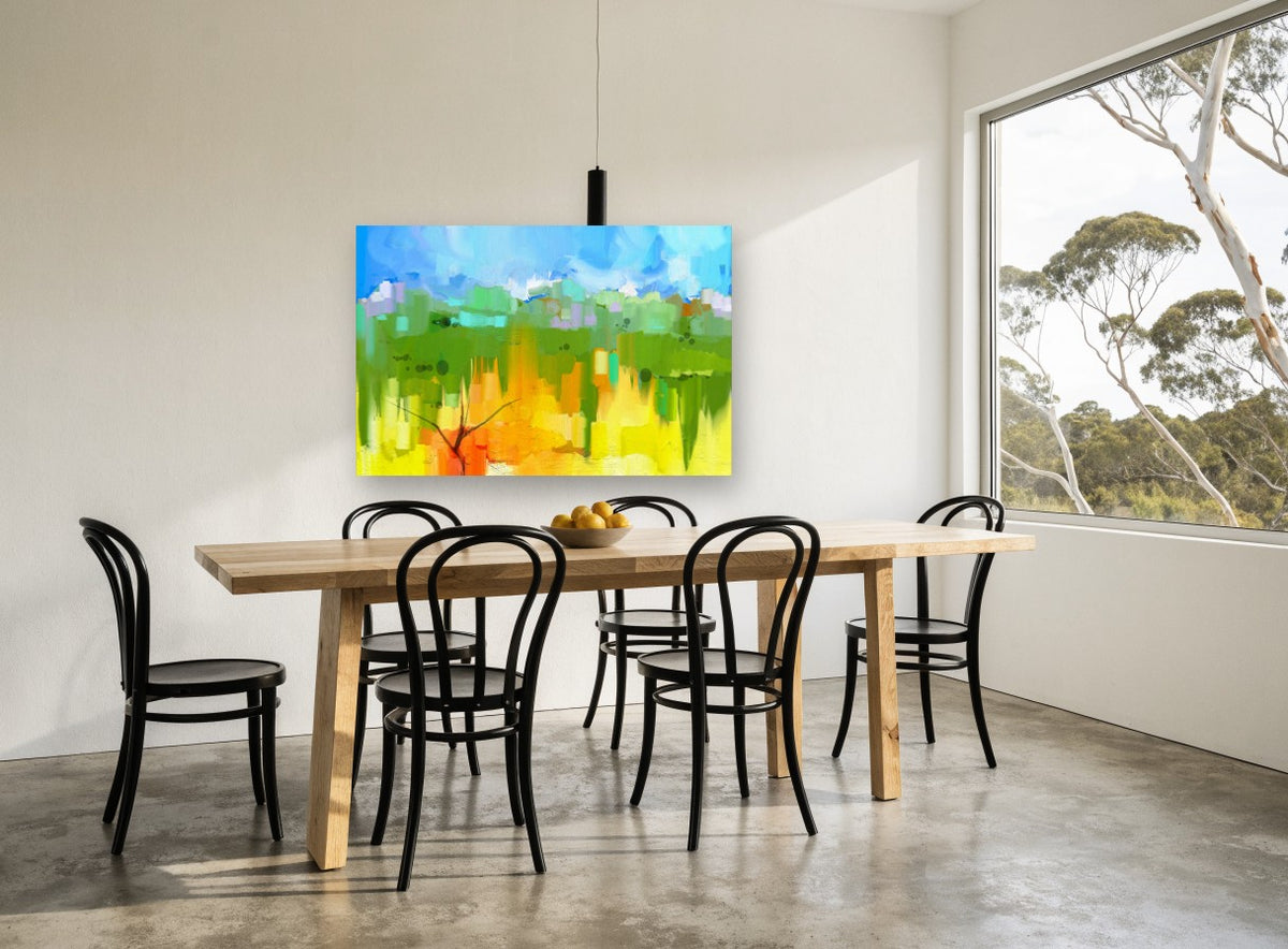 Orange Tree Meadow landscape canvas print on the wall of a dining room