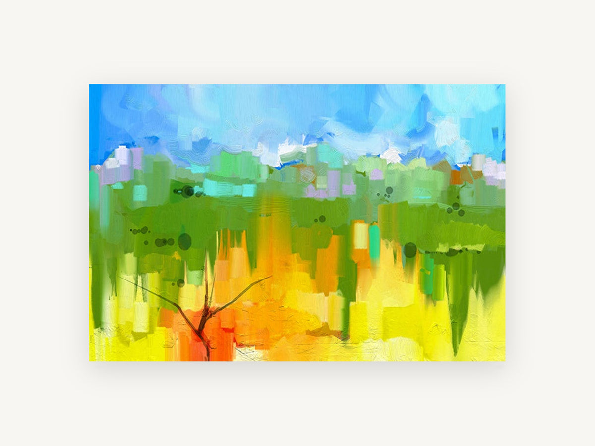 Orange Tree Meadow, colourful abstract meadow landscape art, landscape canvas wall art print, front view