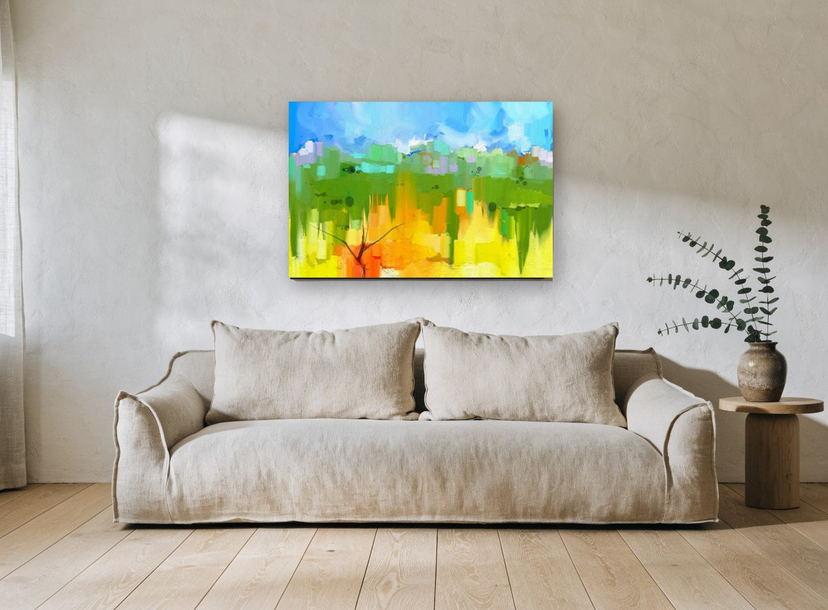 Orange Tree Meadow landscape canvas print on the wall of a living room