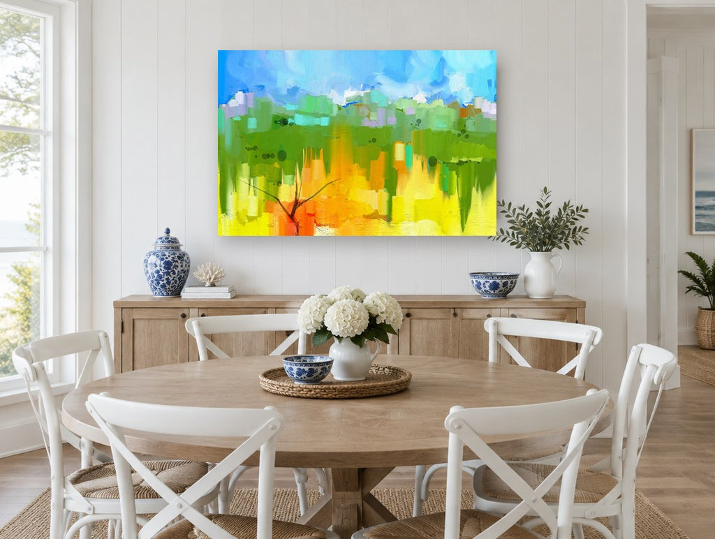 Orange Tree Meadow landscape canvas print on the wall of a Hamptons dining room