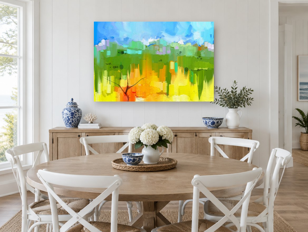 Orange Tree Meadow landscape canvas print on the wall of a Hamptons dining room
