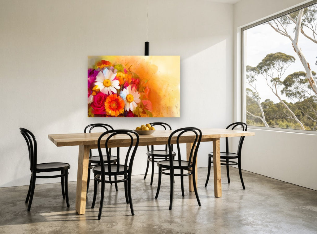 Sunlit Gerbera Bouquet floral canvas print on the wall of a dining room