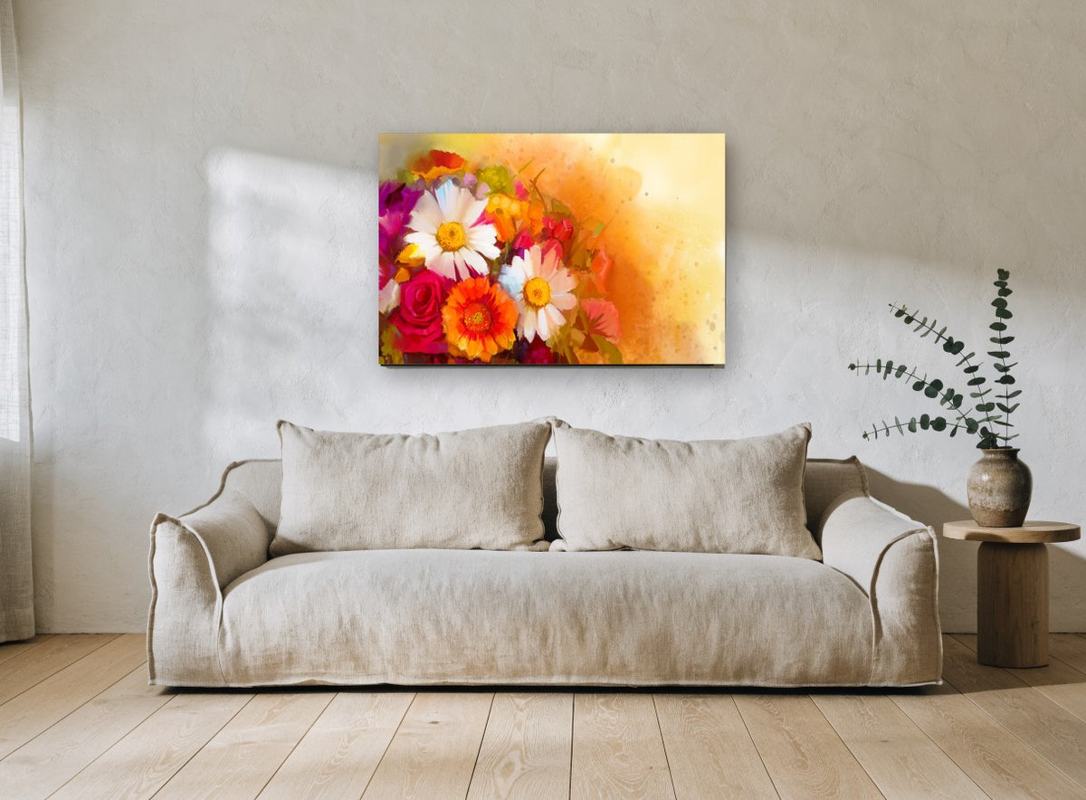 Sunlit Gerbera Bouquet floral canvas print on the wall of a living room
