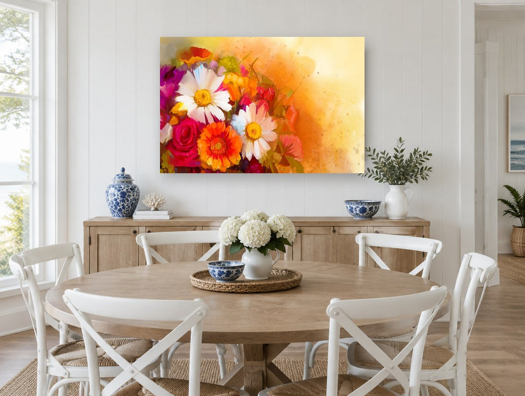 Sunlit Gerbera Bouquet floral canvas print on the wall of a Hamptons dining room