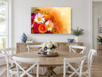 Sunlit Gerbera Bouquet floral canvas print on the wall of a Hamptons dining room