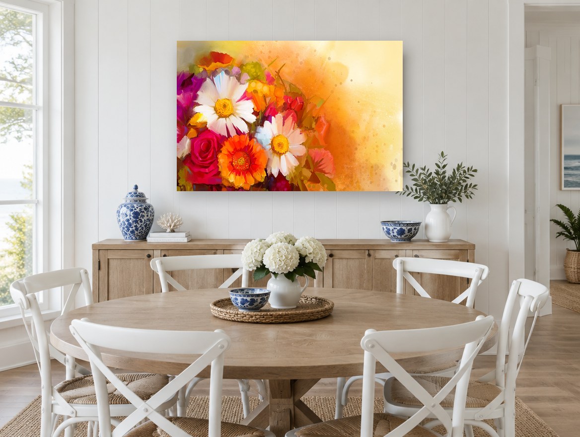 Sunlit Gerbera Bouquet floral canvas print on the wall of a Hamptons dining room