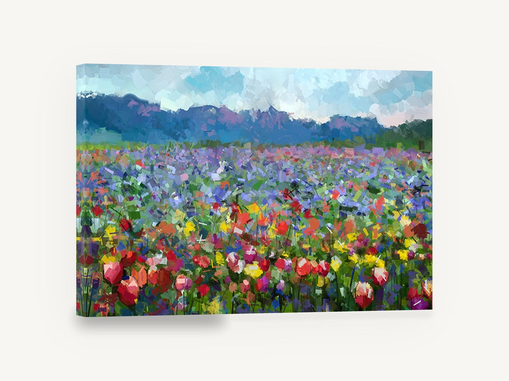 Mosaic Meadow Bloom, colourful wildflower meadow mountain landscape, floral canvas wall art print ready to hang