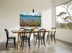 Mosaic Meadow Bloom floral canvas print on the wall of a dining room