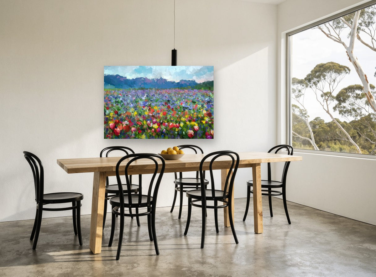 Mosaic Meadow Bloom floral canvas print on the wall of a dining room