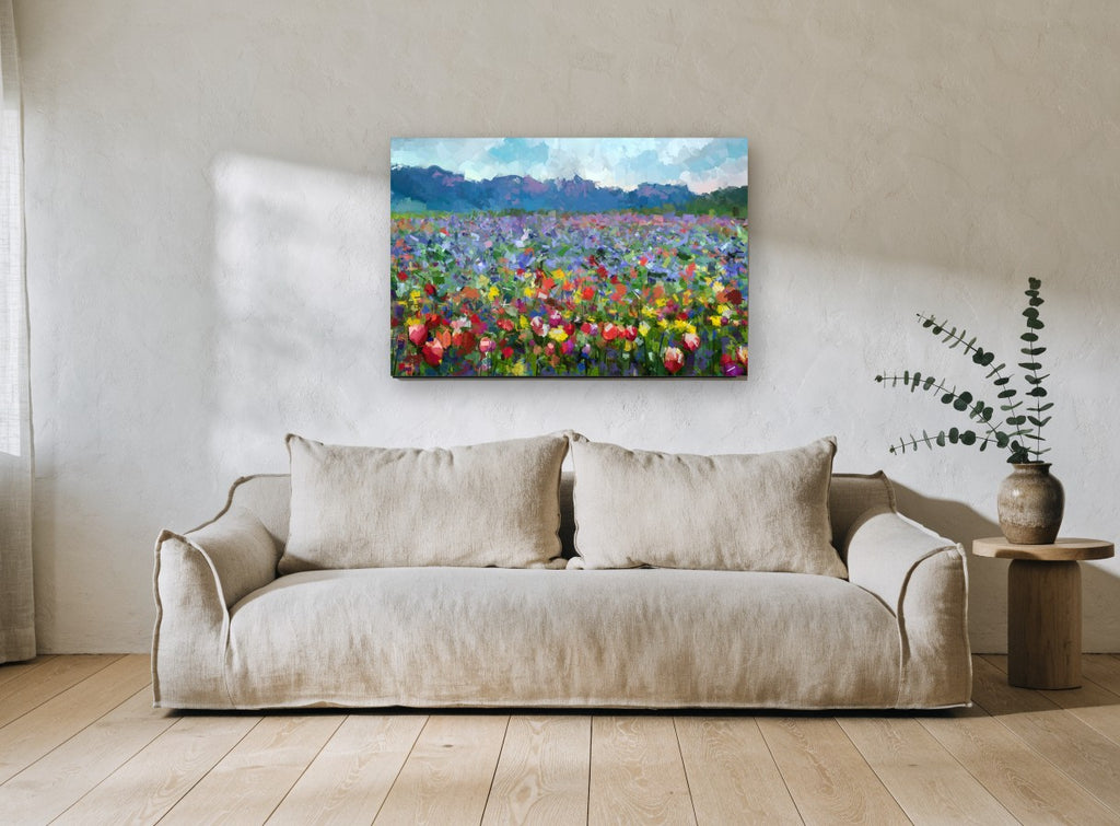 Mosaic Meadow Bloom floral canvas print on the wall of a living room