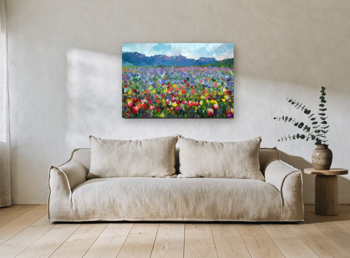 Mosaic Meadow Bloom floral canvas print on the wall of a living room