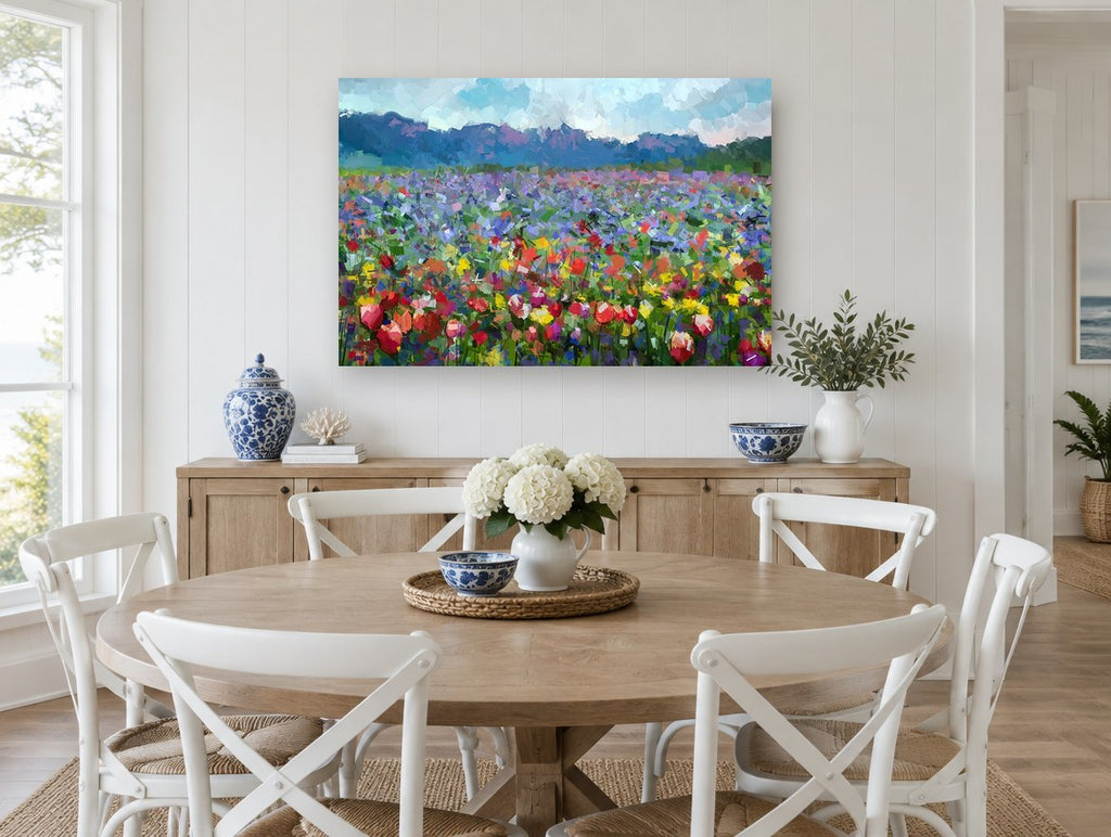Mosaic Meadow Bloom floral canvas print on the wall of a Hamptons dining room