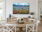 Mosaic Meadow Bloom floral canvas print on the wall of a Hamptons dining room