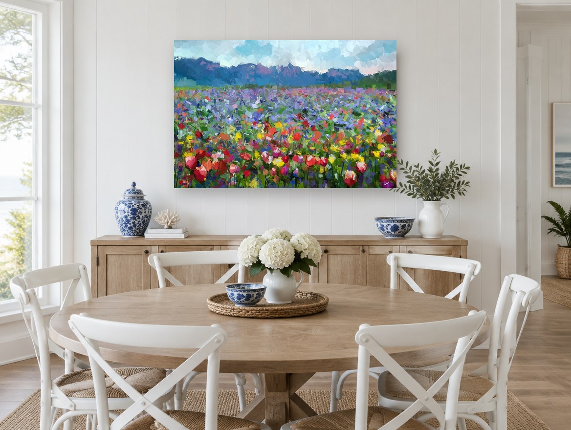 Mosaic Meadow Bloom floral canvas print on the wall of a Hamptons dining room