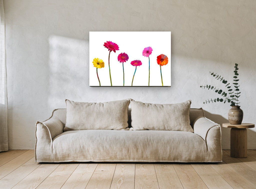 Gerbera Row floral canvas print on the wall of a living room